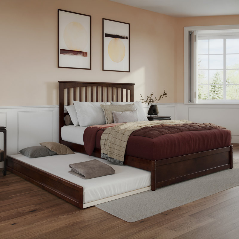 Asparas Solid Wood Platform Bed with Footboard & Roll Out Trundle Bed, Walnut, Queen
