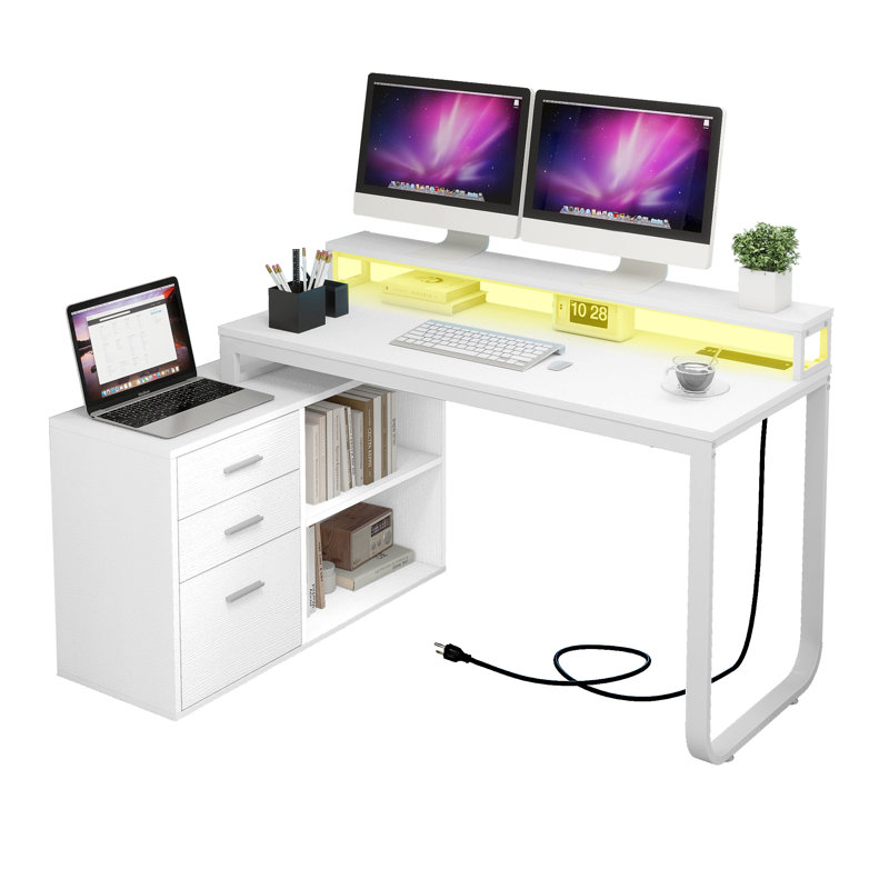 55'' L-Shape Computer Desk With LED Lights, Power Outlets & Drawer Shelves, White