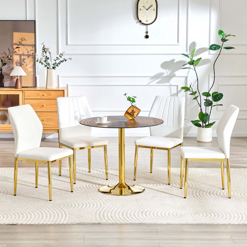 Ensemble de table et de chaises 5 pièces, table ronde en verre brun clair luxueux jumelée à 4 chaises ergonomiques en polyuréthane à dossier doré avec pieds dorés