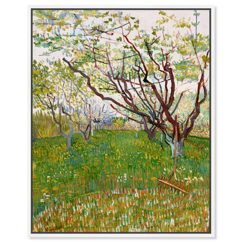 Van Gogh - Les arbres du verger en fleurs - Peinture sur toile, H 45 po x l 36 po, Toile blanche encadrée