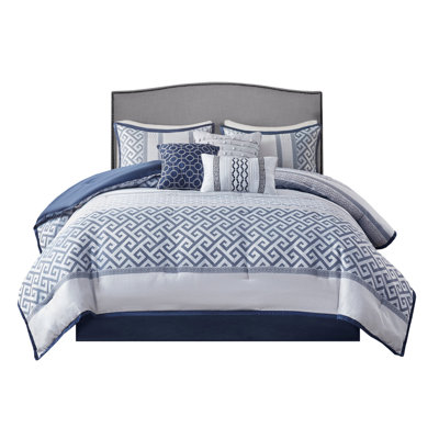 7 Piece Jacquard Comforter Set Navy Queen