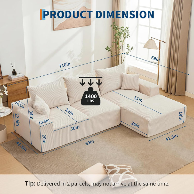 110" Oversized L-Shaped Sectional Sofa with Right Chaise, Cloud Couch with Corduroy & Memory Foam, Includes Throw Pillows