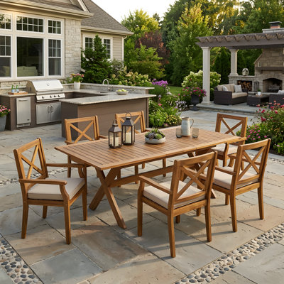 Bevelyn 7-Piece Modern Coastal Acacia Wood Patio Dining Set With Extendable Table And Cushioned Armchairs