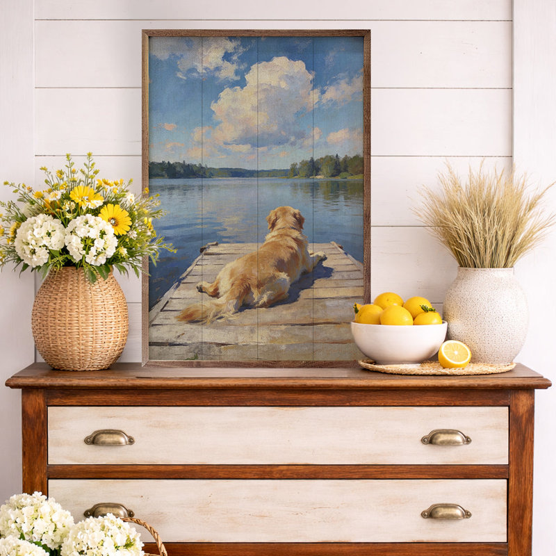 Golden retriever au bord du lac, H 8 po x l 5 po