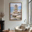 Art mural sur toile encadrée - pile de pierres zen côtières avec bois flottant sur la côte sereine de l'océan - 16 po x 24 po, 24 po x 36 po-479939547-479939556