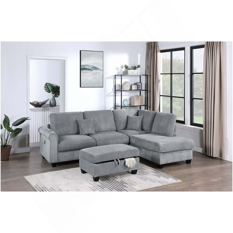 Contemporary Style 3Pc Sectional Set Right Arm Chaise Left Arm Sofa W/ USB Port Storage Ottoman Throw Pillow Wooden Legs Fog Finish Primary Living Room