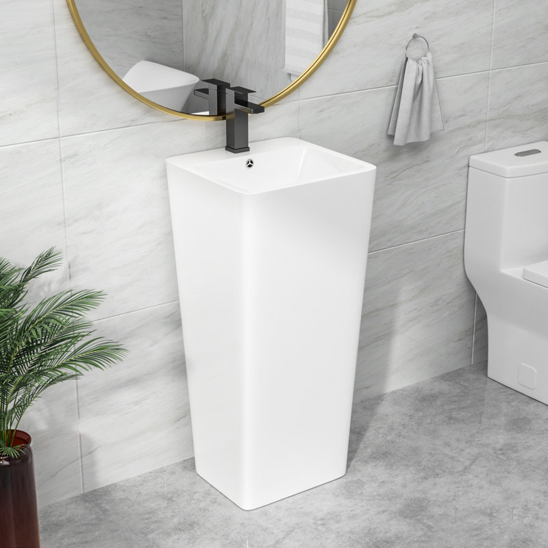 33" H White Ceramic Square Freestanding Pedestal Bathroom Sink Lavatory with Overflow