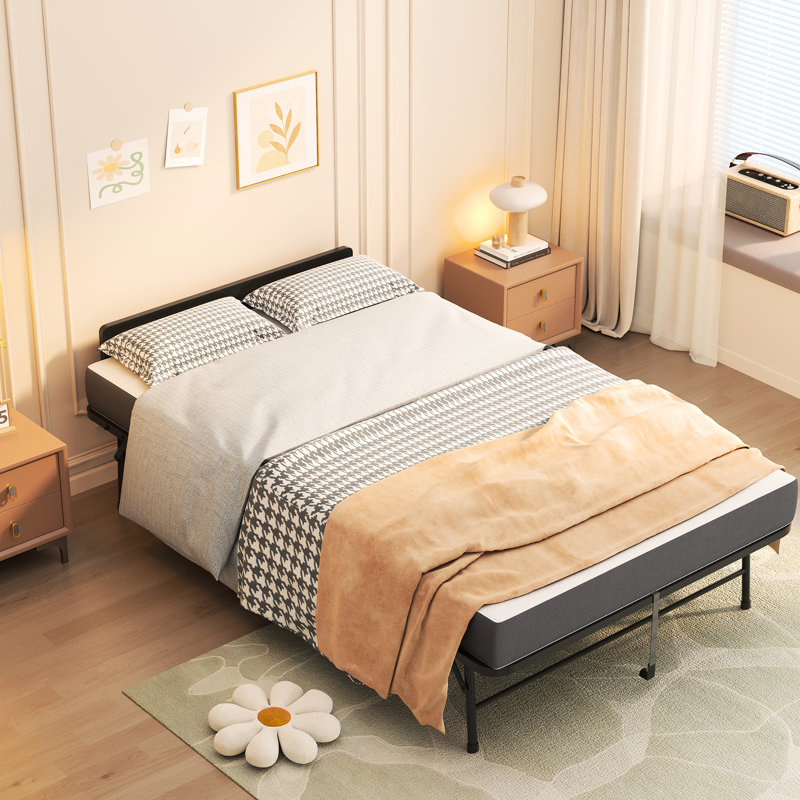 Lit pliant de 75 po x 46 po de large avec tête de lit réglable, matelas en mousse à mémoire de forme de 5 po, lit d'invité robuste sur roulettes pour les personnes de grande taille, cadre en métal de lit industriel spacieux et simple, installation facile et espace