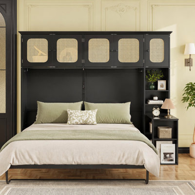 Full Murphy Bed with Desk and Rattan Cabinets, Space-Saving Wall Bed