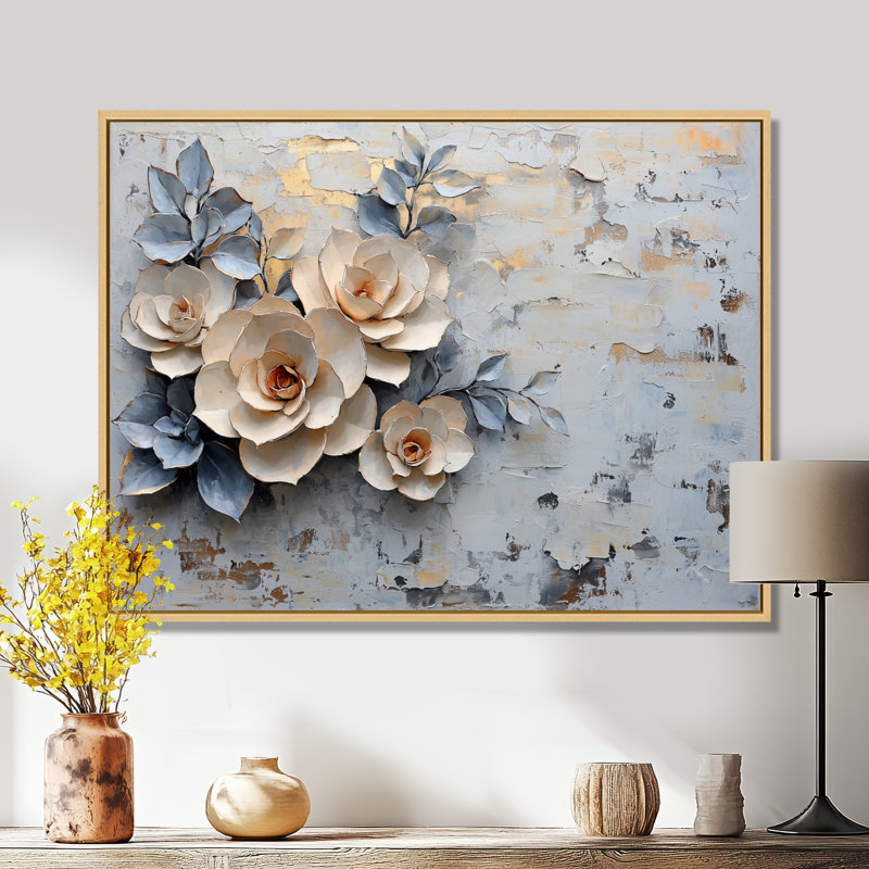 Motif floral Beardsley minimalisme avec pétales succulentes, H 30 po x l 40 po, Impression encadrée flottante, Crème, crème