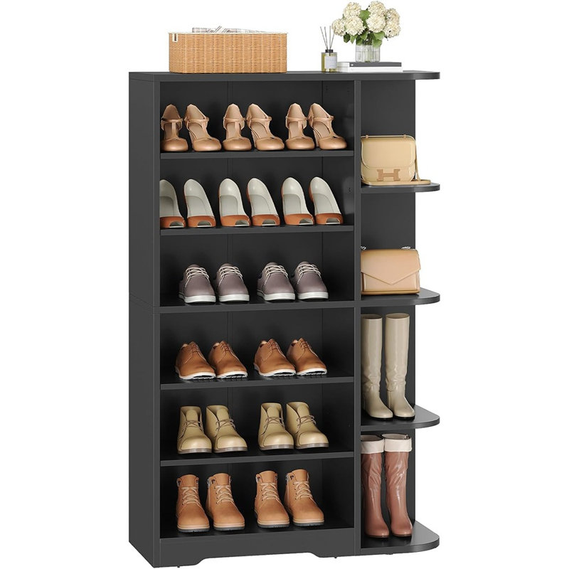Armoire à chaussures en bois à 7 niveaux avec rangement ouvert, organisateur de chaussures multifonctionnel avec tablettes réglables pour le vestibule et le placard, noir