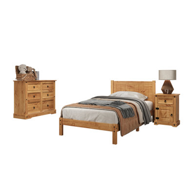 Lindall 3 Piece Bedroom Set, One Nightstand, One Bed & One Large Dresser, Solid Wood Rustic Farmhouse Style