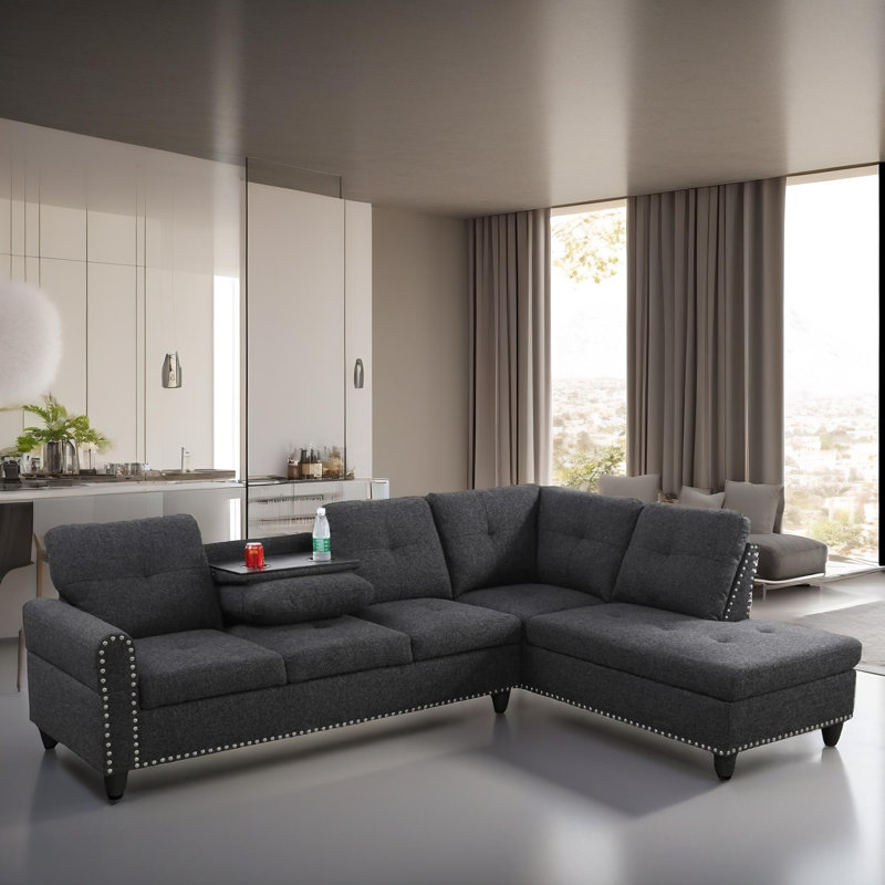 Audora Black Grey Linen Right-Facing Sectional 2-Piece Sofa Living Room Sofa Set, Right Hand Facing, Black Gray Linen