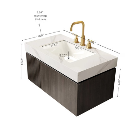 Meuble-lavabo de salle de bain 36 po MURI, armoire de rangement en contreplaqué flottant avec tiroir et porte, plateau en pierre frittée blanc de Carrare et lavabo en céramique avec 3 trous de robinet pré-percés, pré-assemblé