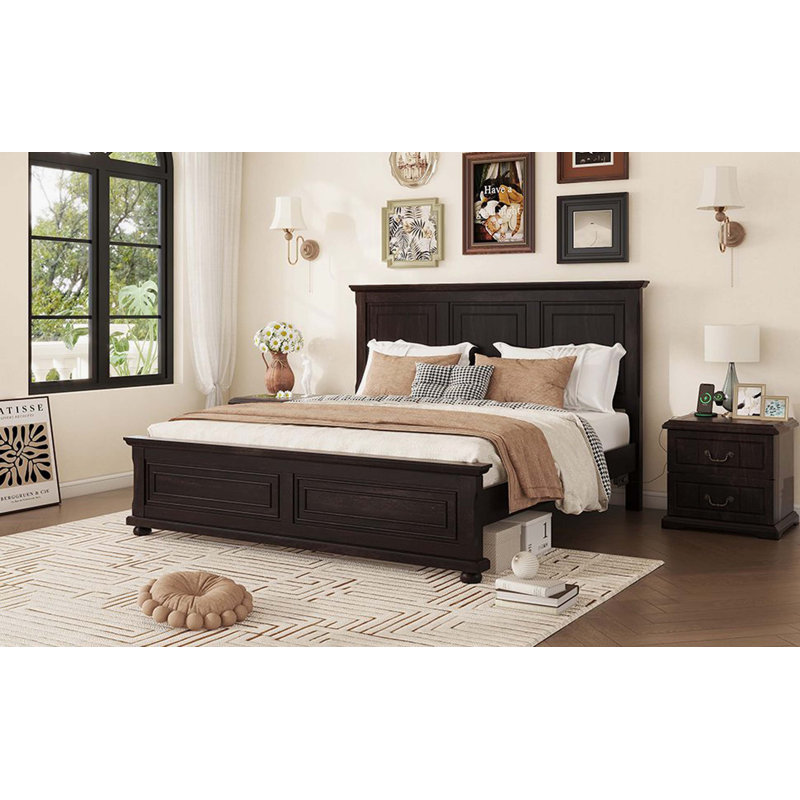 Rich Brown Wakeley Bed With Tall Headboard & Footboard, USB Charging Station, Solid Pine Wood With Reinforced Bed Frame, King