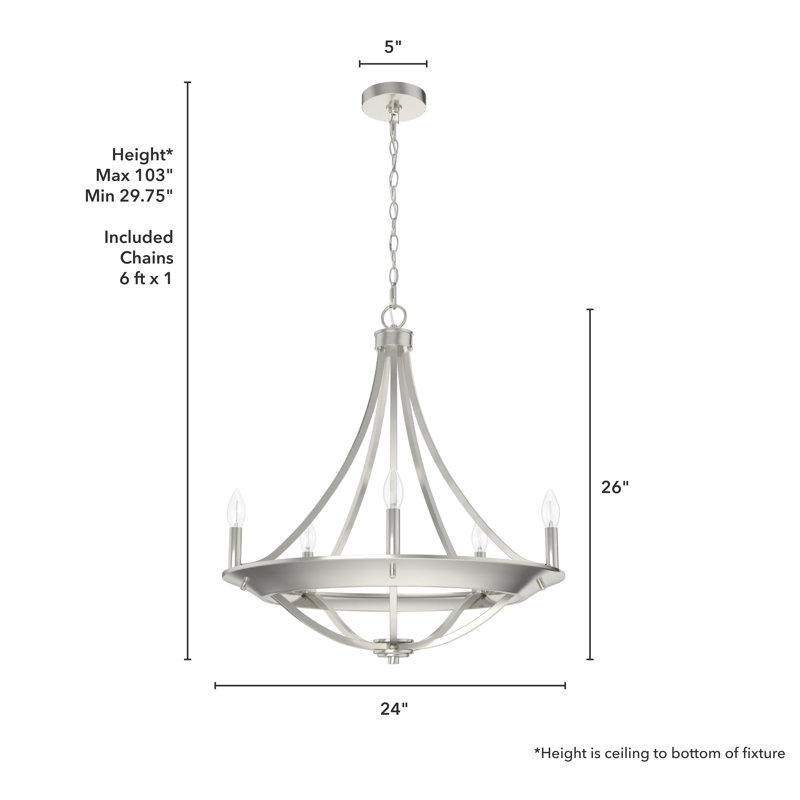 Perch Point 5 Light Candle Style Wagon Wheel Chandelier, 26" H x 24" W x 24" D, Brushed Nickel