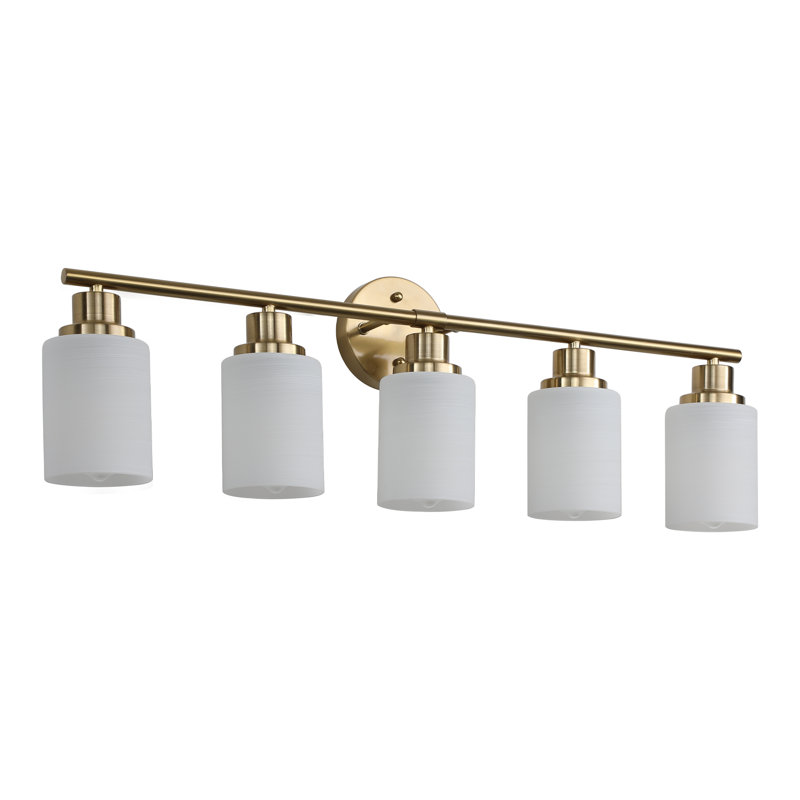 Bathroom Vanity Light, Frosted Glass Shade, 5-Light, No Bulbs, Gold, 5 Lights, Brushed Gold