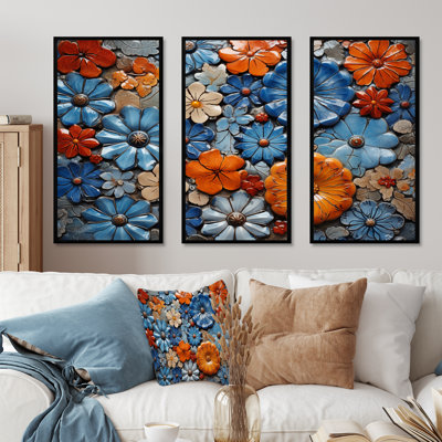 Floral bohème bleu et orange mosaïque 1 - Boho mosaïque murale