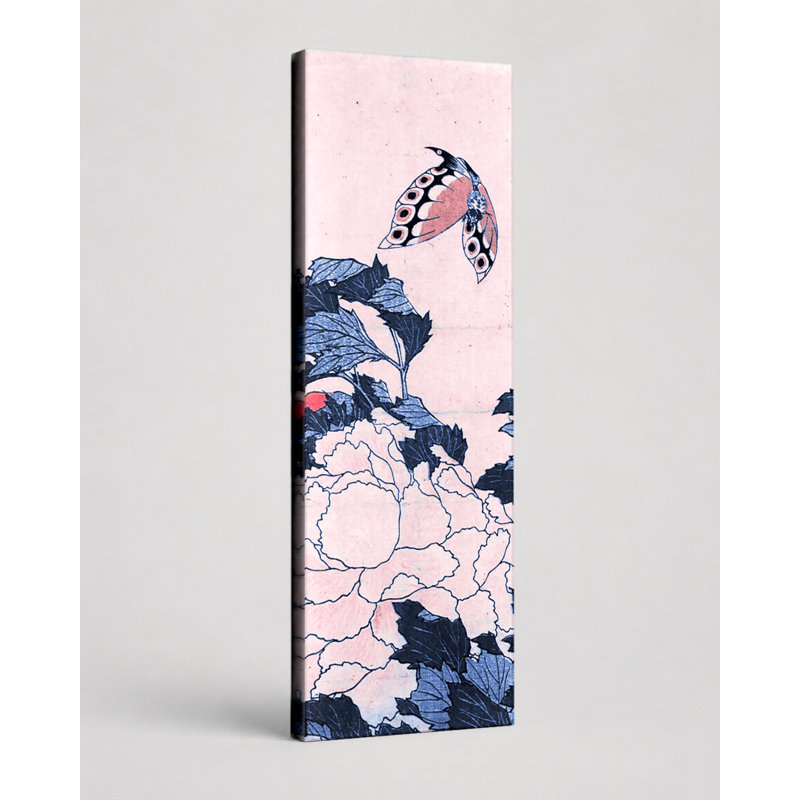 Pivoines et papillon (vers 1833) - art mural sur toile, L 10 po x H 30 po