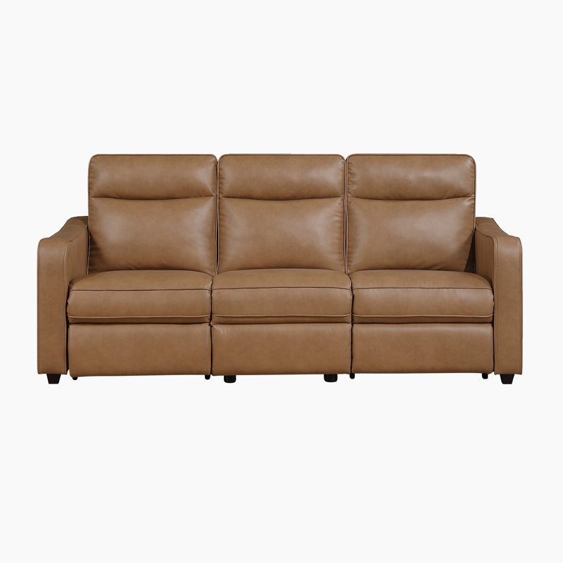 Canapé inclinable électrique double en similicuir de 84 po Seawright, Faux Leather Brown Curved Track Arms