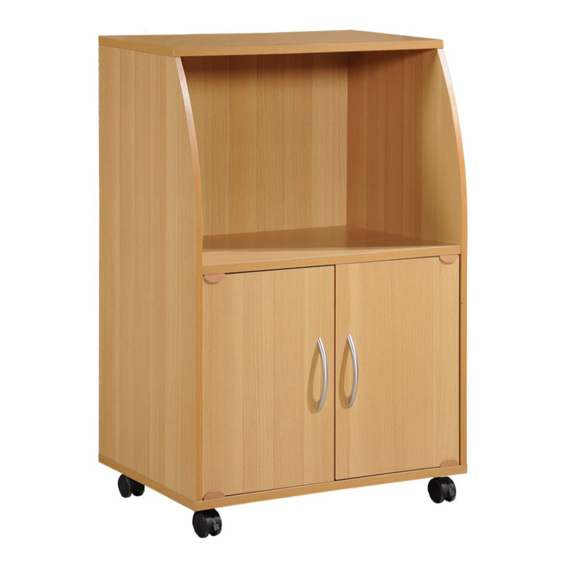 Rolling Compact Kitchen Cart with  Microwave Shelf, Utensil Drawer, Interior Cabinet Storage Space and Locking Wheels, Beech