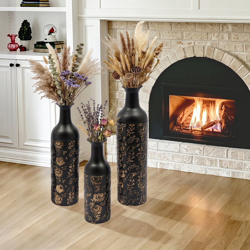 Ensemble de 3 vases décoratifs en métal à motif floral, blanc, Noir avec motif doré