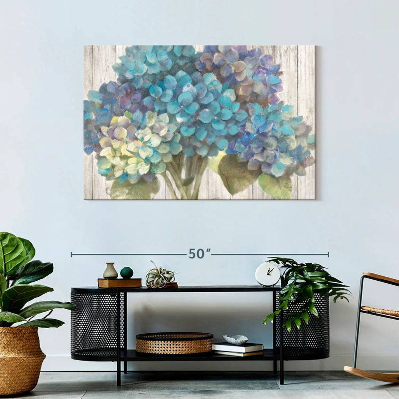 Harnek Turquoise Hydrangea On Barn Board, 30" H x 45" W