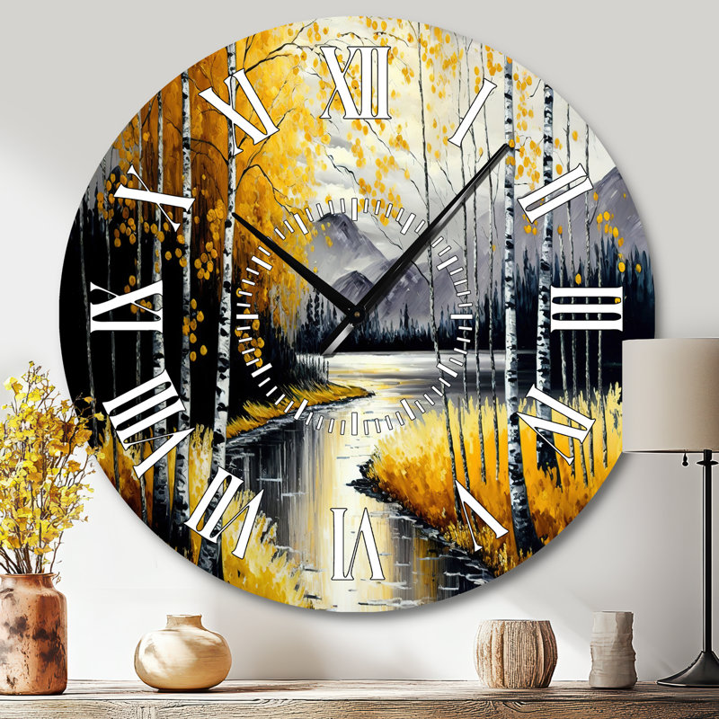 Horloge murale grise et jaune au bord du lac II - Paysage et nature, Grand