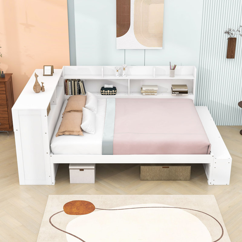 Lit de jour double en bois avec rangement et ports de charge USB, Blanc