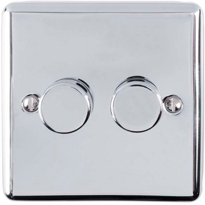 2 Gang 400W 2 Way Rotary Dimmer Switch CHROME Light Dimming Wall Plate, Silver, Chrome