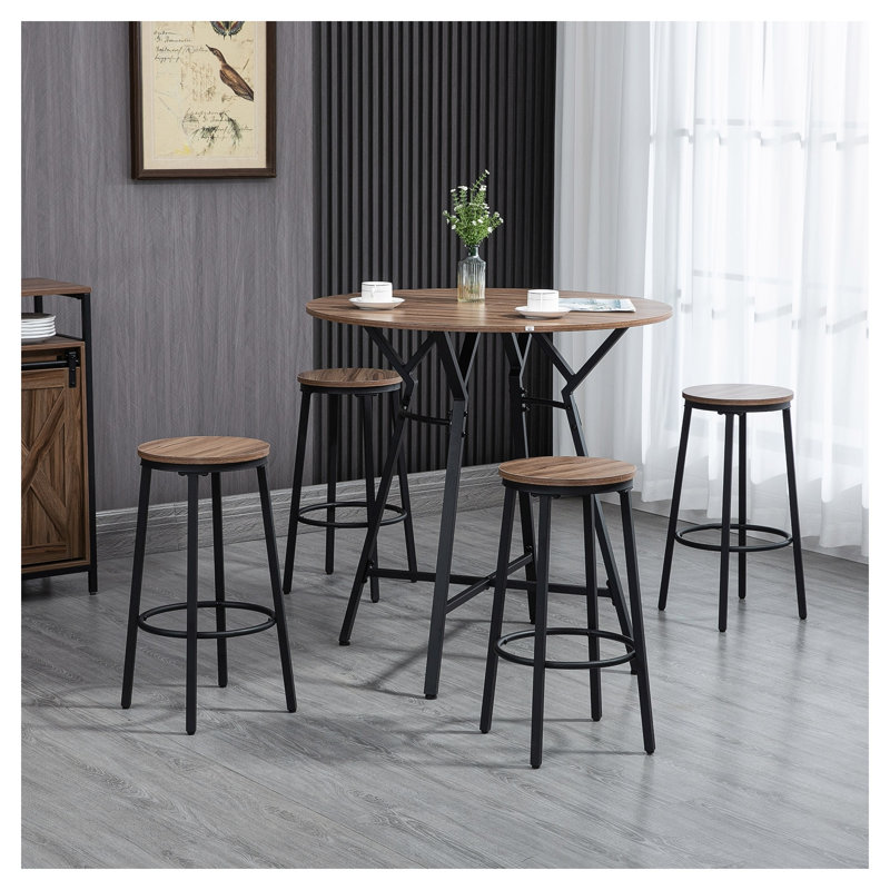 Ensemble de table de bar et de tabouret industriel HOMcom 5 pièces avec table de salle à manger à hauteur de comptoir ronde et quatre sièges assortis, finition en panneau de particules brun