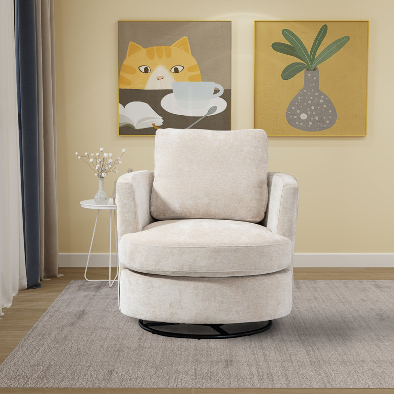 32"W Slipcovered Upholstered Swivel Barrel Chair, Beige Chenille