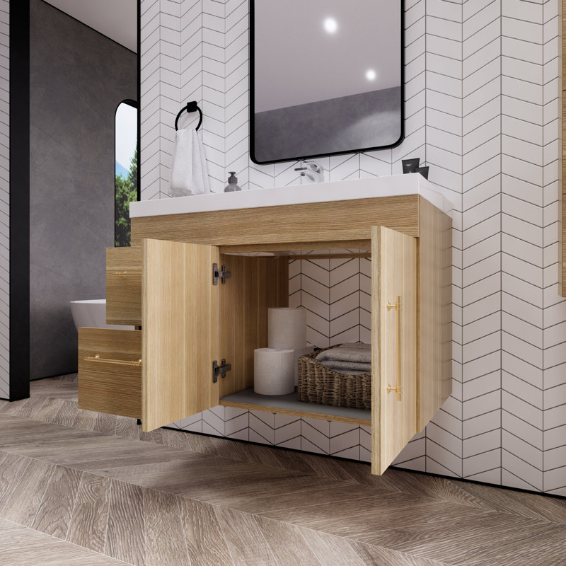 Ensemble de meuble-lavabo simple mural 35 po Hebersham, Chêne champagne