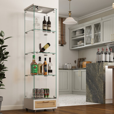 Vitrine moderne en verre avec tiroir, armoire antique à assemblage rapide avec lumières DEL, bibliothèque en verre trempé, armoire de rangement à 1 porte avec 4 tablettes pour le salon et la chambre à coucher, blanc et naturel, buffet