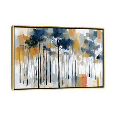 Paysage forestier abstrait aux arbres bleu-gris et aux tons dorés chauds - Impression d'art mural - Toile encadrée
