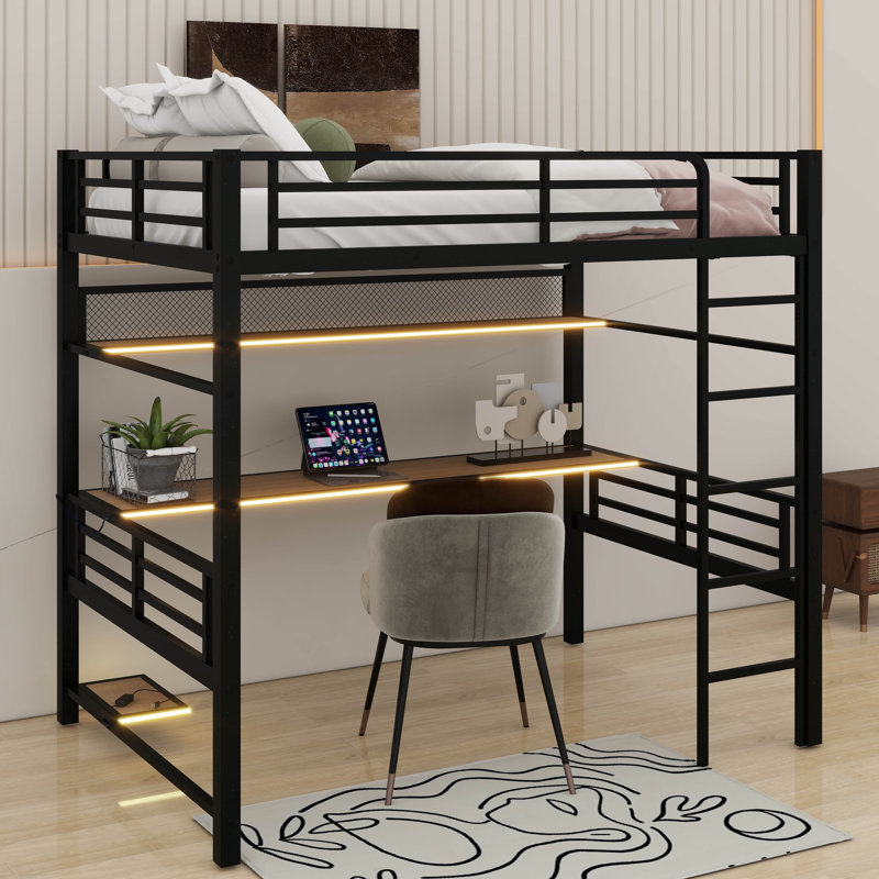 Full Size Metal Loft Bed Frame With Storage Shelf,Iron Mesh And LED Light
