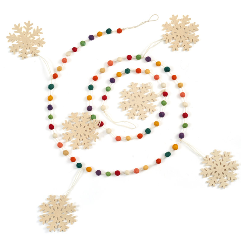 Guirlande de Noël en laine feutrée à la main - Pois multicolores avec flocons de neige blancs - 6 pi