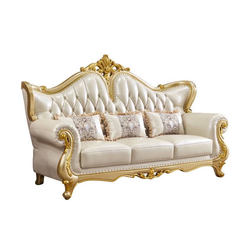 European Leather Champagne Solid Wood Sofa 89.7'' Leather Sofa