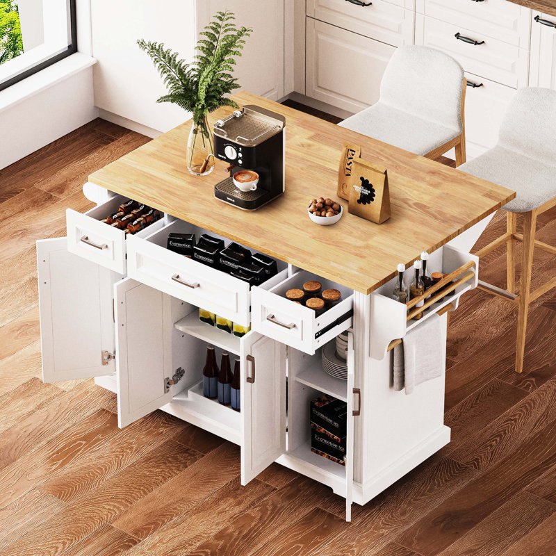Large Embossed Textured Wheeled Kitchen Storage Island Cart with Rubber Wood Foldable Drop Leaf, Four Closed Storage Doors and Three Drawers, Four Stable Rolling Casters for Kitchen & Dining Room Storage Organization