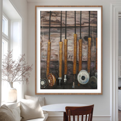 Reproduction encadrée de cannes à pêche sur bois - Nature morte rustique
