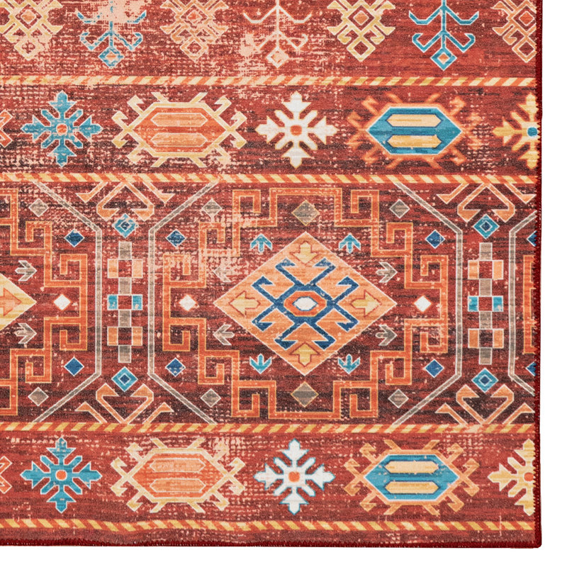 Washable Red and Ivory Machine Woven Area Rug, Runner 2' x 8'