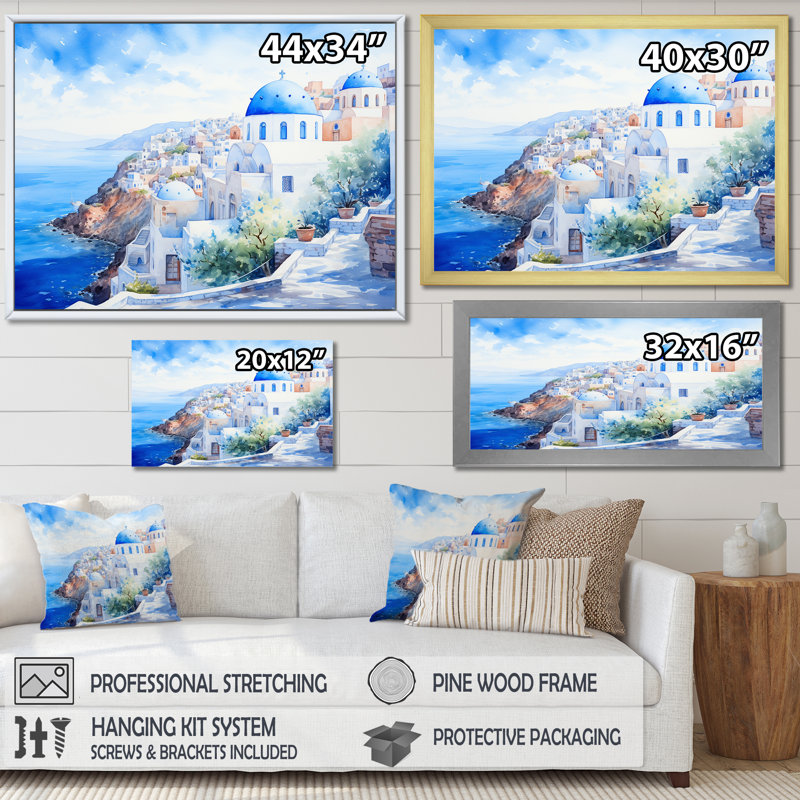 Art mural bleu et blanc Santorini Village II - Grèce, Cadre de coin blanc fermé, H 30 po x l 40 po x P 1,5 po