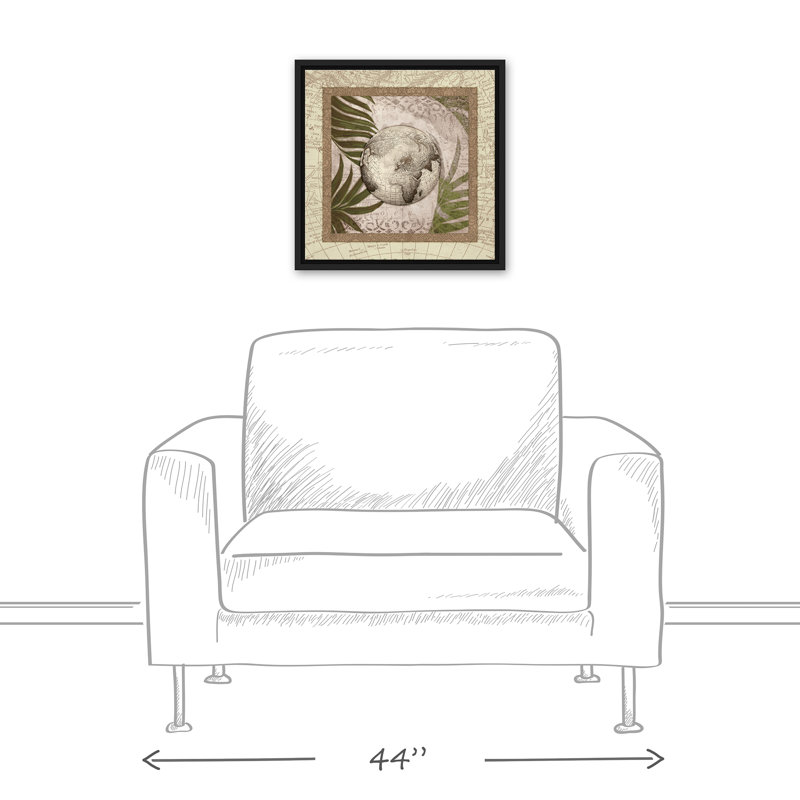 Globe sur palmiers, impression sur toile brune, H 17,75 po x l 17,75 po x P 1,75 po, Cadre flottant noir