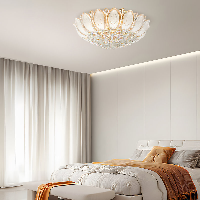 23.62 Inch Modern Crystal Flush Mount Lotus Chandelier Luxury Embedded Ceiling Light with Remote Control