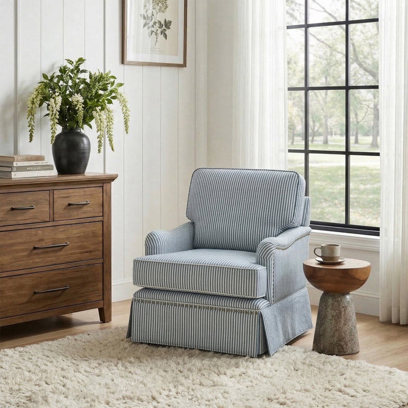Upholstered Swivel Barrel Chair, Pinstripe Blue Cotton Blend