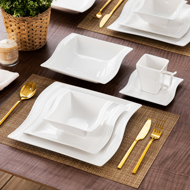 Service de table carré en porcelaine 36 pièces, service pour 6, Ivoire blanc