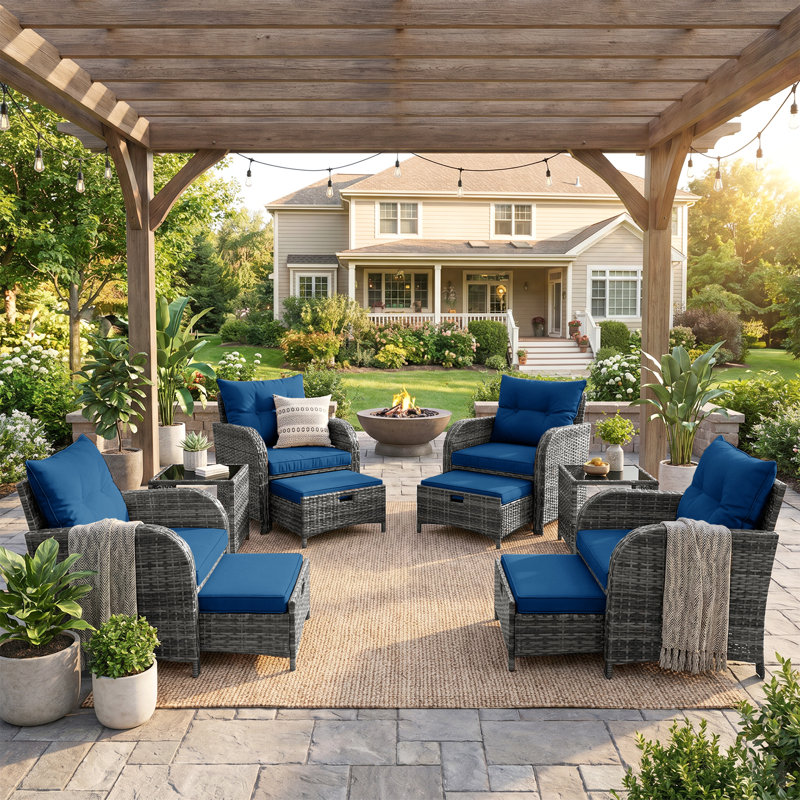 4-person Outdoor Wicker Patio Conversation Set, Modular Sectional Seating Group With Ottomans And Tempered Glass Coffee Table, Weather-resistant All-weather Furniture Set For Backyard Deck Poolside