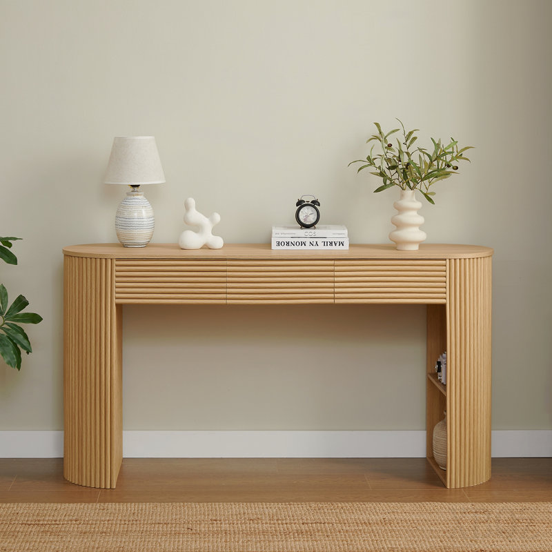Console rétro avec rangement, 3 tiroirs, 1 pied de table, esthétique à lattes rondes, entrée, salon et couloir, nature