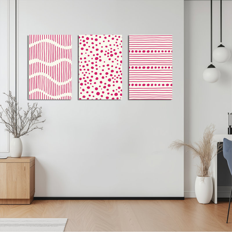 Ensemble de 3 tableaux abstraits à rayures roses, pois et vagues, sur toile tendue, H 18 po x l 36 po