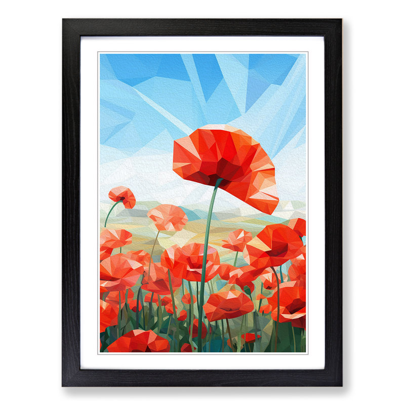 Poppy Field Geometric No.2 - Single Picture Frame Print on Wood, Black Framed, 64cm H x 46cm W x 2cm D